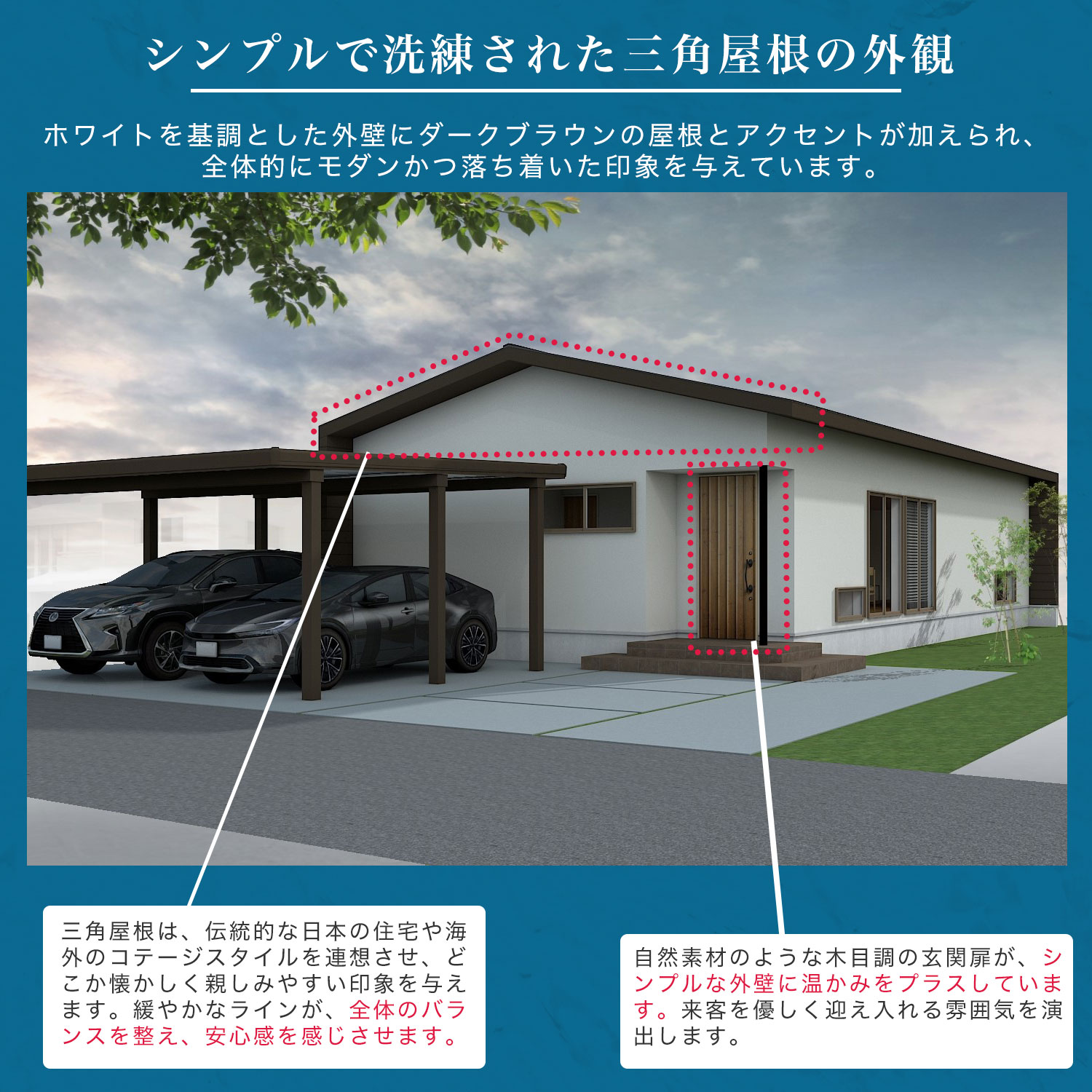 シンプルで洗練された三角屋根の外観